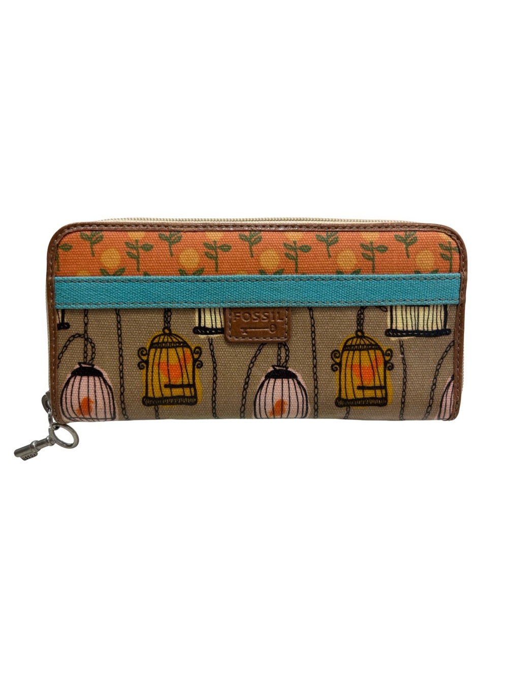 Vintage Fossil Beige Canvas Birdcage Wallet Teal Trim and Orange Accent